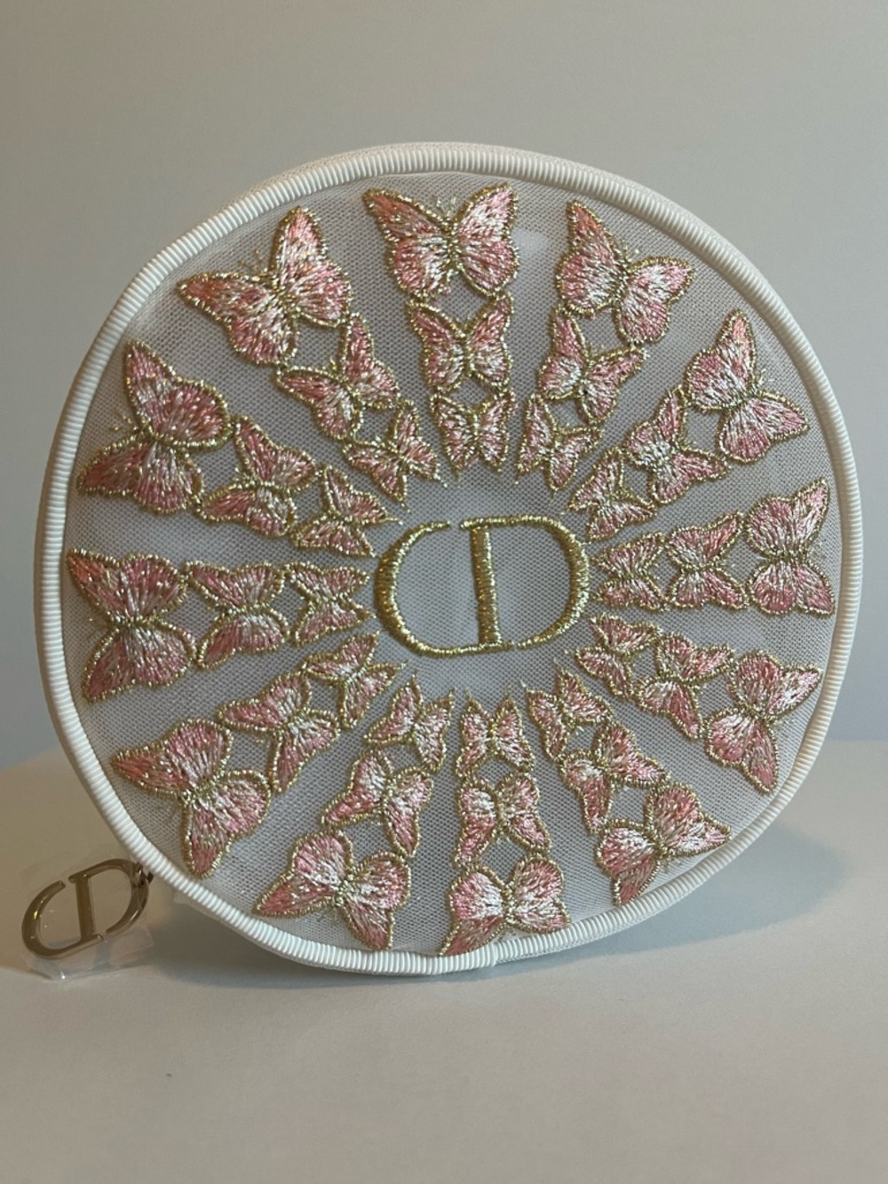 Authentic Dior Beauty Pink & Gold Embroidered Butterfly Round Mesh Makeup Pouch